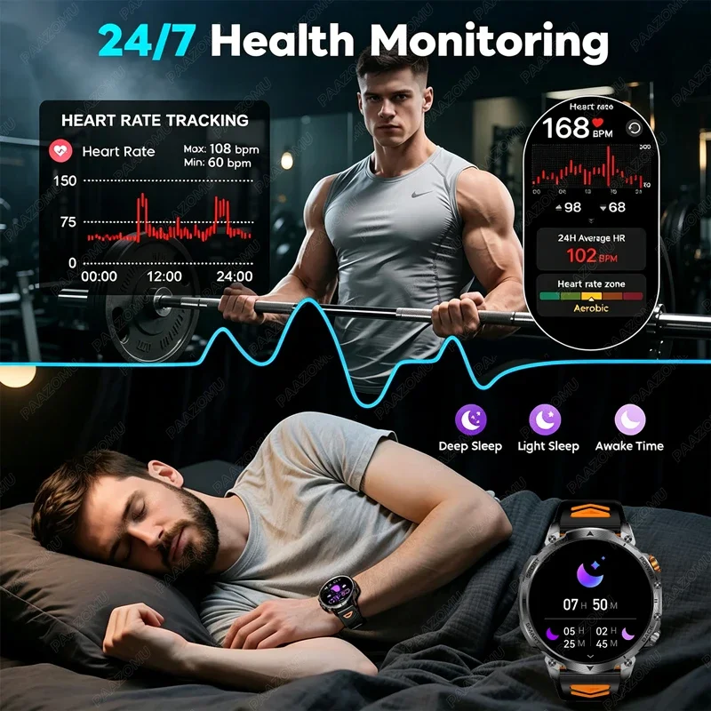 Montre connectée robuste pour homme 2026, batterie 1400 mAh, écran HD 1,7 pouces, appels Bluetooth, étanche 10 ATM, moniteur de fréquence cardiaque, tracker d'activité sportive S