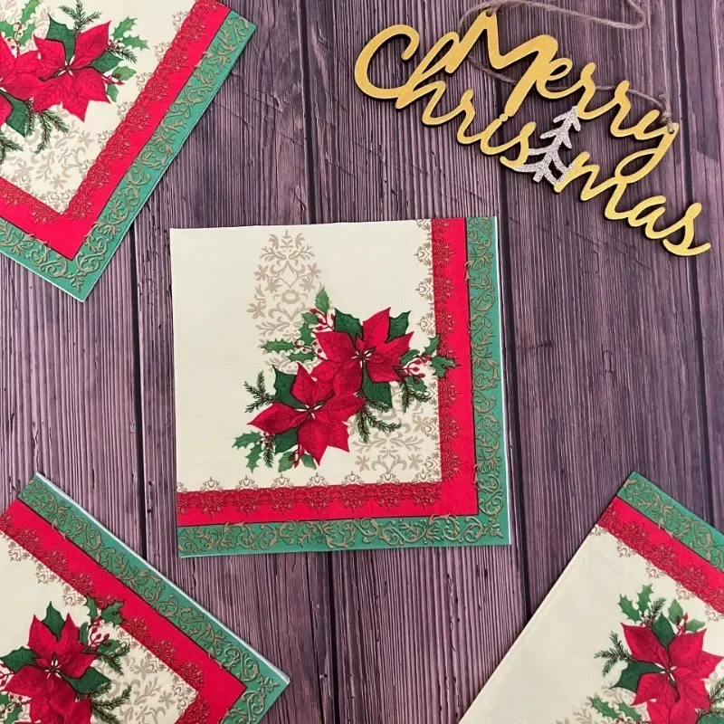 10/20pcs 2Ply 33cm Christmas Napkins Red Christmas Flowers Printed Paper Napkins Disposable Placemats Colourful Printed