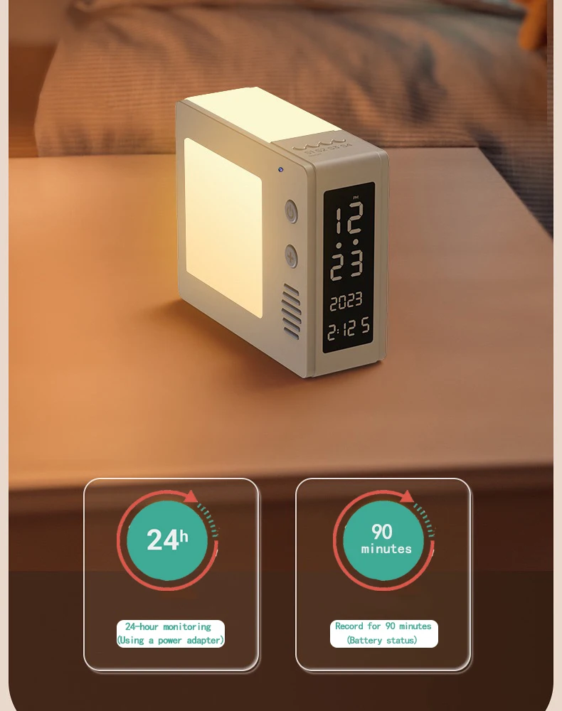 The Night Light Clock SpyCam on the bedside table displays the time "1:21" and date "2023," and boasts features like a 90-minute recording time, 1080P HD recording, and 24-hour monitoring.