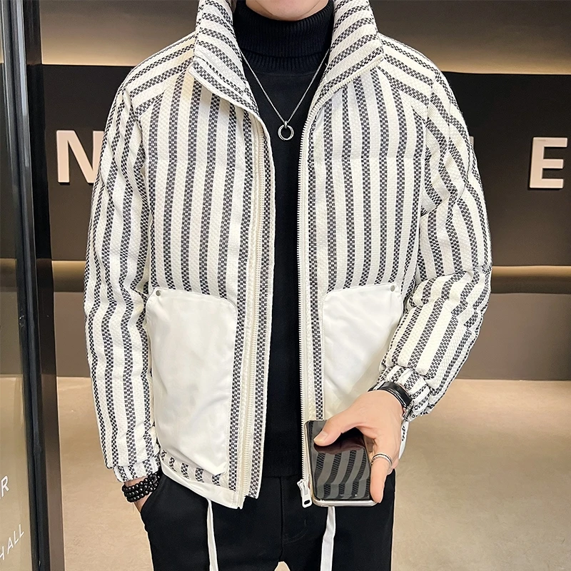 Fashion White Duck Down Jackets Men's 2023 Winter Casual Warm Striped Short Puffer Coat Hip Hop Streetwear Top Thick Down Parkas 2021 baseball winter mens jacket letter embroidery hip hop zipper thick warm jackets men fashion casual streetwear tops coat