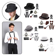  Halloween 1920s Mens Gatsby Gangster Accessories Set Panama Hat Suspender Bow Tie 20s Great Gatsby Cosplay Accessories 