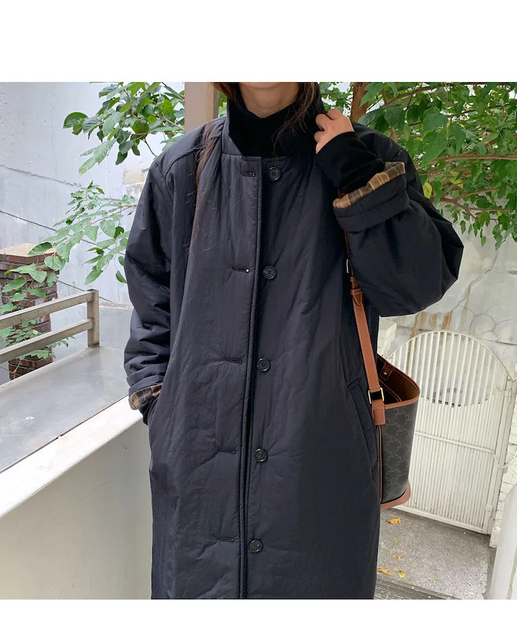 Autumn Winter Korean Army Green Warm Jacket Lapel Check Sleeves Straight Coat Fashion Medium Long Ladies Puffer Padded Outwear