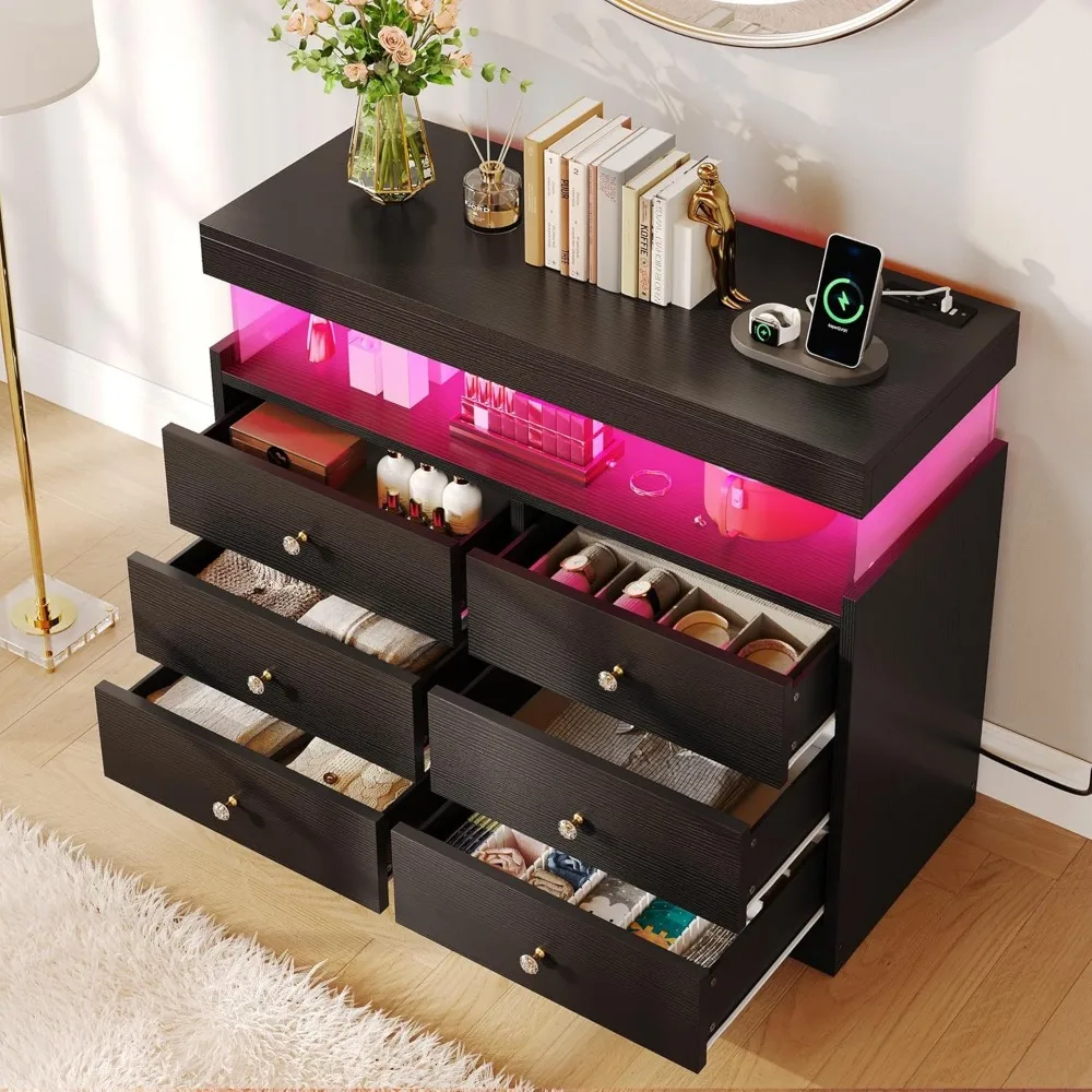 6 Drawer Dressers with LED Lights & Charging Station, Modern Chest of Drawers, Double Storage Dresser for Living Room