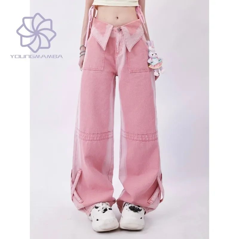 

American Retro Pink Straight Leg Denim Pants Female Wide Leg Trouser High Street Vintage Jeans for Women