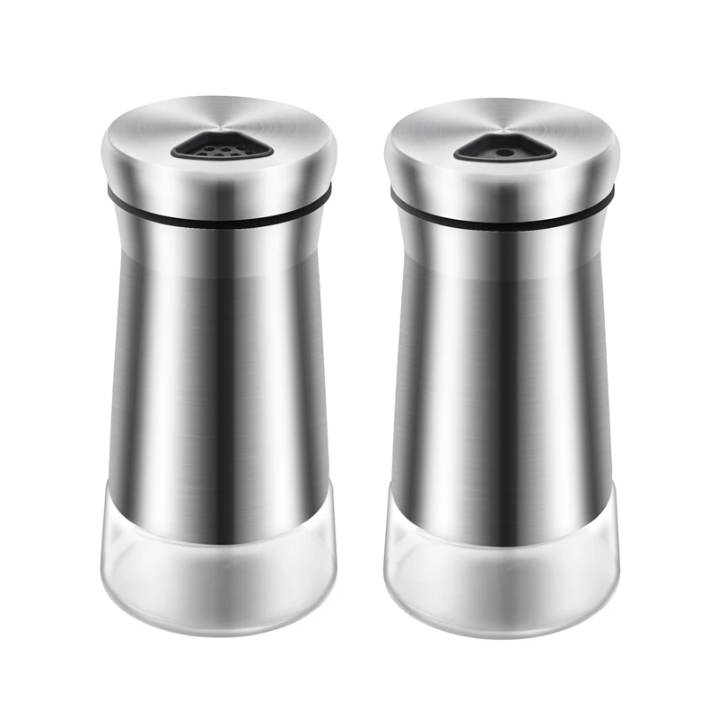 

Stainless Steel Salt And Pepper Shakers Set With Glass Bottom And Adjustable Pour Holes For Home Restaurant