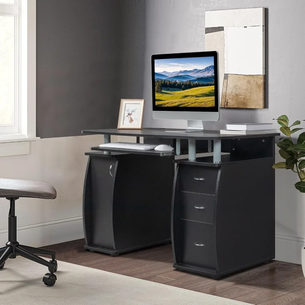 Computer Desk with Drawers & Storage Cabinet, Small Office Desk PC Laptop Workstation for Home, Studio, Office 2