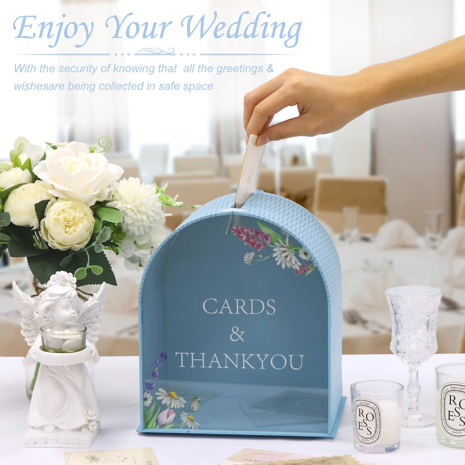 Wooden Gift Card Boxes Acrylic Card Box Blue Gift Card Box with Acrylic Window Boho Wedding Envelope Money Wedding Card Boxes For Birthday Graduation Party Decorations