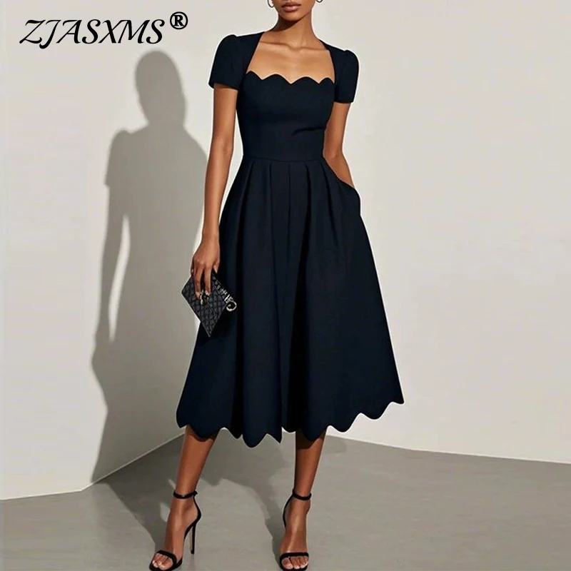 Elegant Wave Square Collar A-Line Long Dresses Woman Spring Solid  High-waisted Office Dress Summer Short Sleeve Loose Boho Dress - AliExpress  200000345