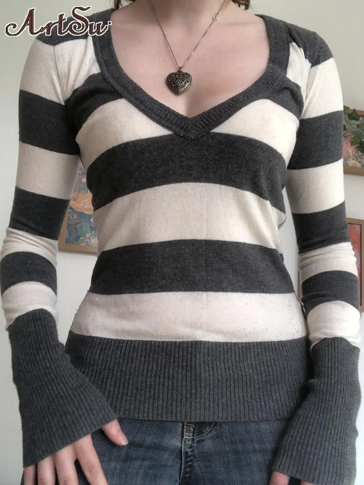 

V Neck Stripe Sweater Women Slim Fit Pullovers Autumn Winter Clothes for Ladies 2023 Knitted Long Sleeve Tops Y2k Undershirts