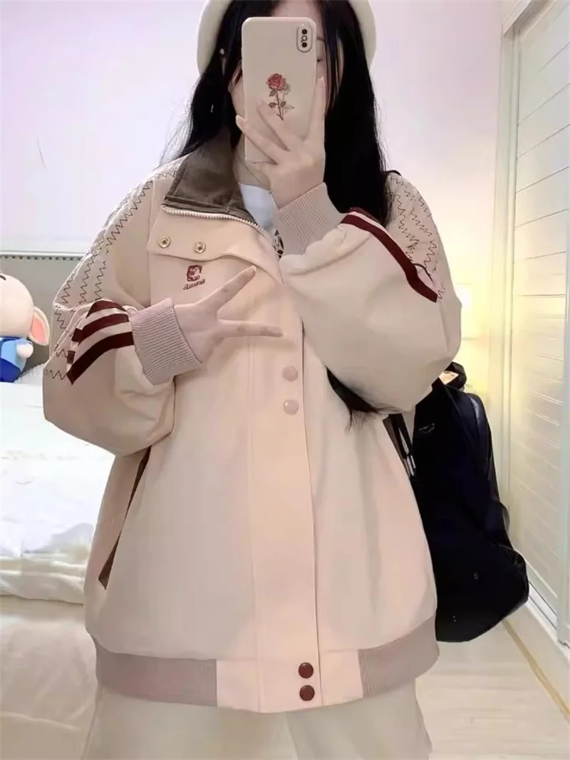 American Retro Baseball Jacket for Women Spring/Summer 2024 New Loose and Versatile Patchwork Design Pink Standing Collar Jacket