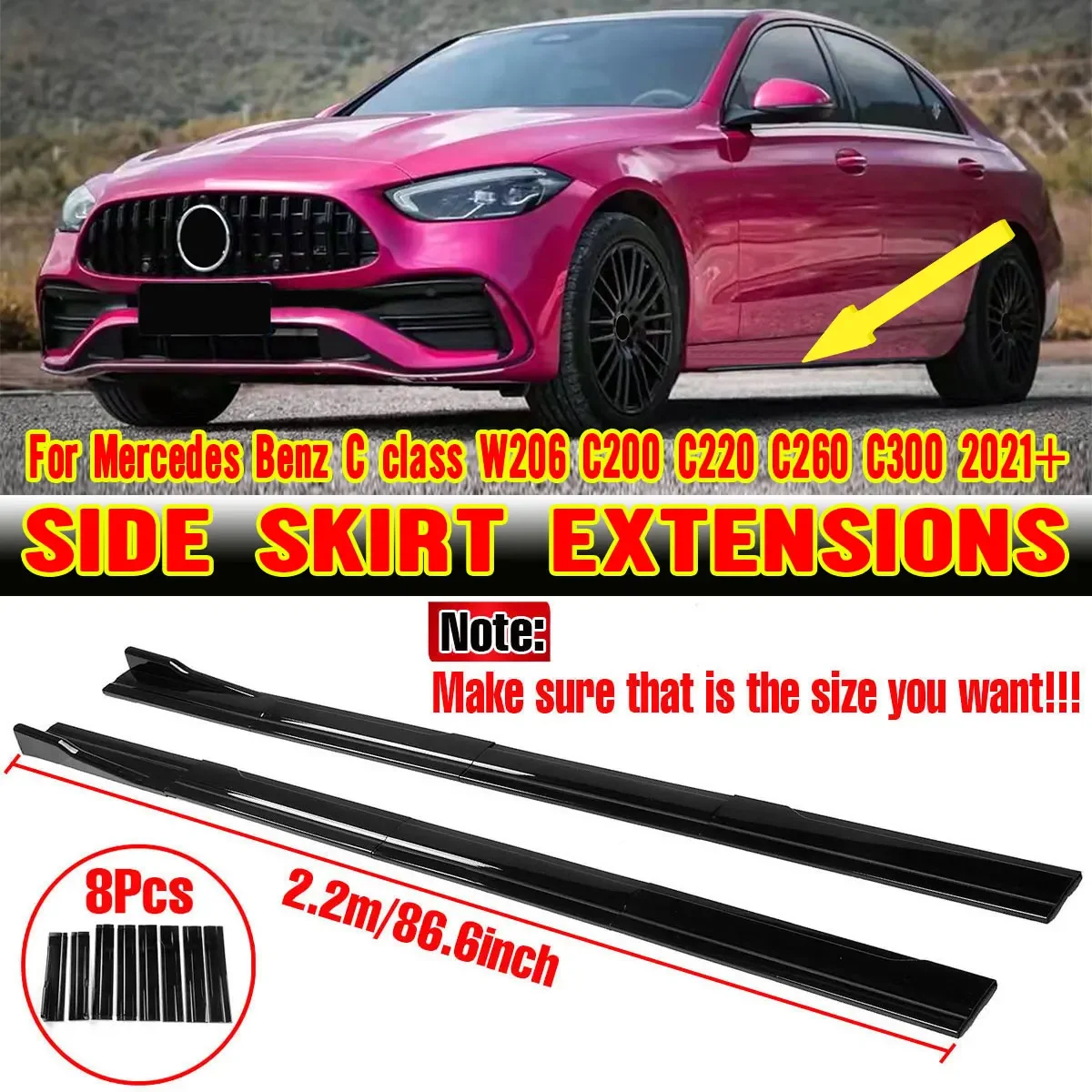 

2.2m Side Skirts Extension Rocker Splitters Diffuser Winglet Wings For Mercedes For Benz C class W206 C200 C220 C260 C300 2021+