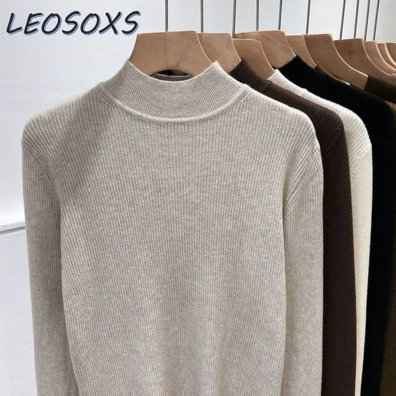 

2023 Autumn and Winter New Half Turtleneck Sunken Stripe Fashionable Knitted Sweater Women Basic Bottoming Knit Shirt Pullover