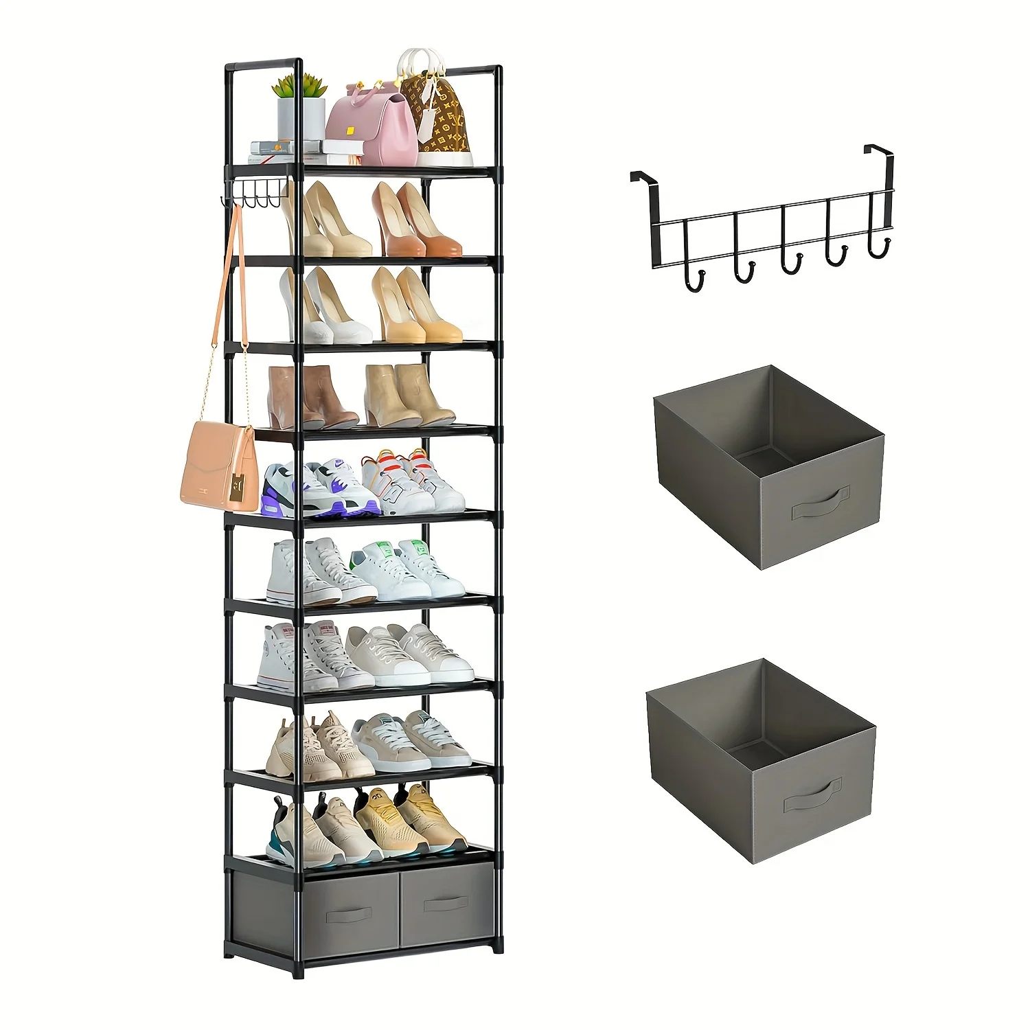 

Tall Shoe Rack Narrow 10 Tier Shoes Rack 20 25 Pairs, Shoe Storage Organizer for Closet, Sturdy Metal Shoe Shelf Shoe Stand with