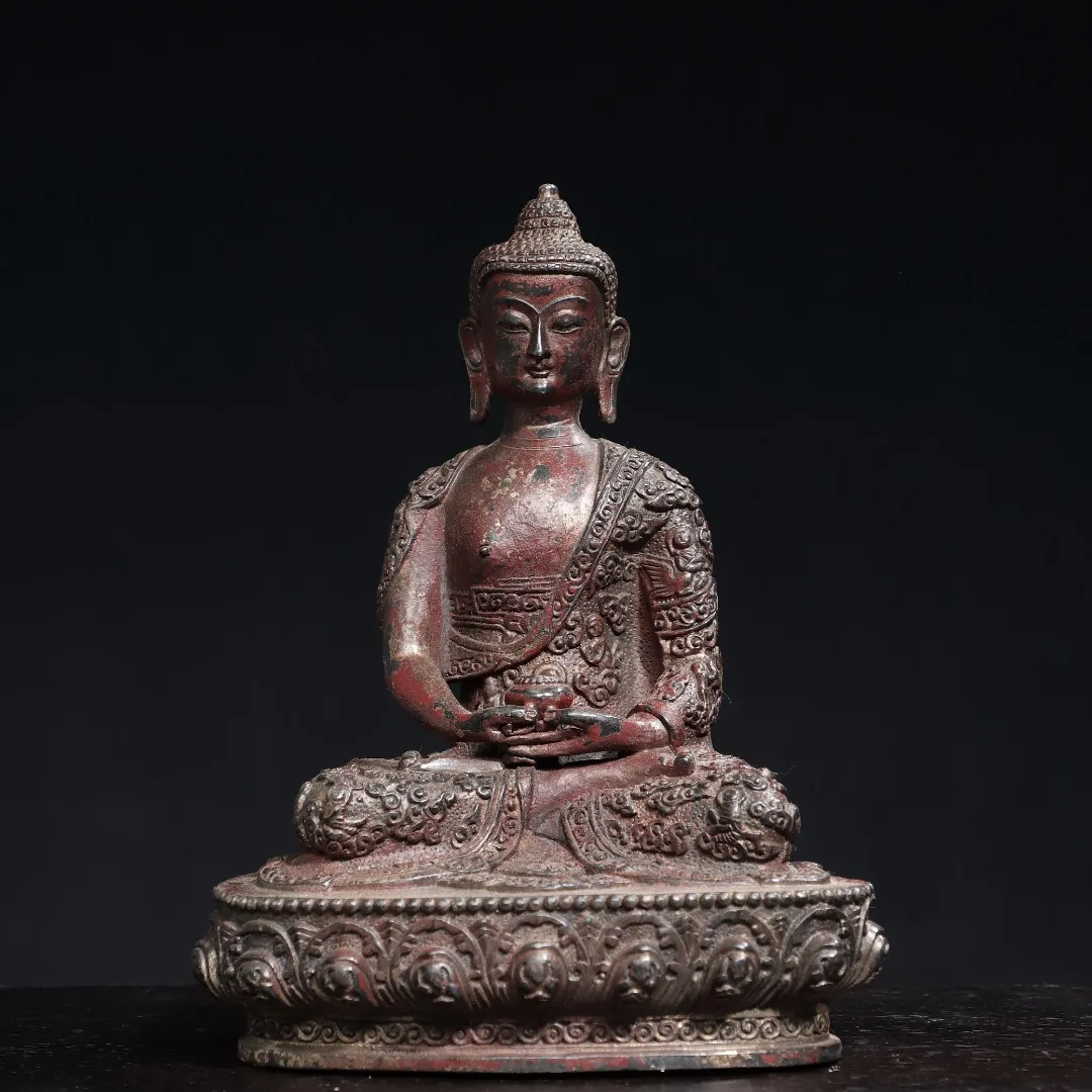 

9"Tibetan Temple Collection Old Bronze Cinnabar Mud gold Dragon patterned cassock Shakyamuni Sitting Buddha Worship Hall