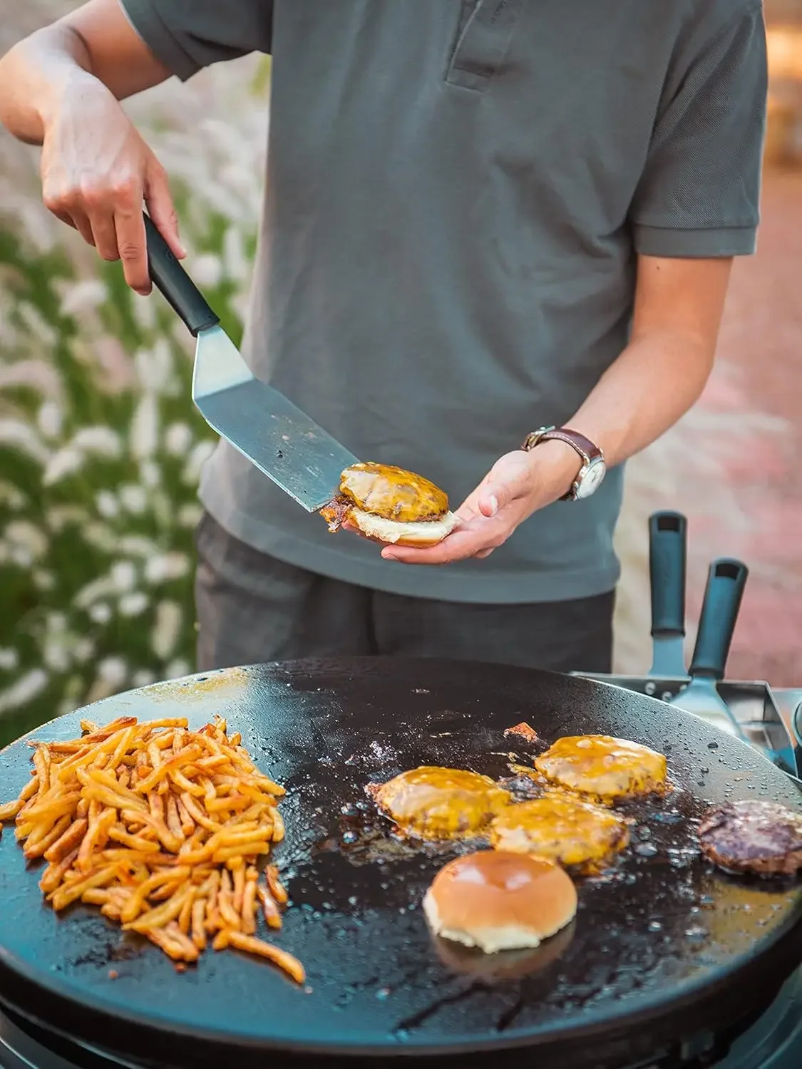 NEW-360° Griddle Outdoor Cooking Center, 22” Round Flat Top Grill with Stainless Steel Vented Lid, Folding Prep Table, 30,000 BT