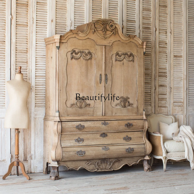 

French Retro Wood Carved Wardrobe Antique Distressed Accessories Dining Side Locker