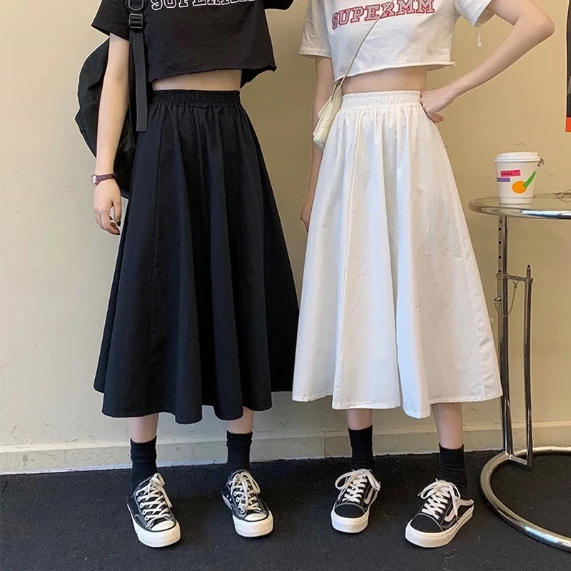 bpn solid streetwear 2023 Spring and Summer Women Casual Midi Skirts Korean Fashion Solid Color Loose Wide Elastic High Wiast A-line BF Streetwear