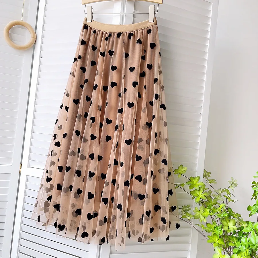 Vintage High Waist Love Heart Print Tulle Skirt A-line Mesh Tutu Skirts Womens 2022 Spring Summer black midi skirt Skirts