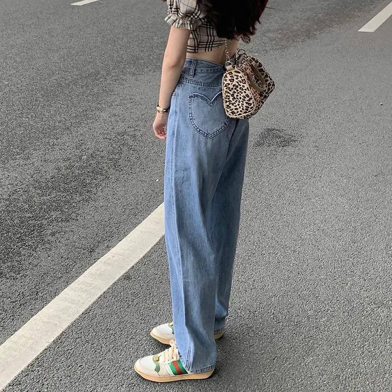Jeans Women Love Heart Pockets Sweet Girl Students High Waist Hot Sale Loose Fashion Wide Leg Denim Sexy Hollow Out Vintage Y2K 4