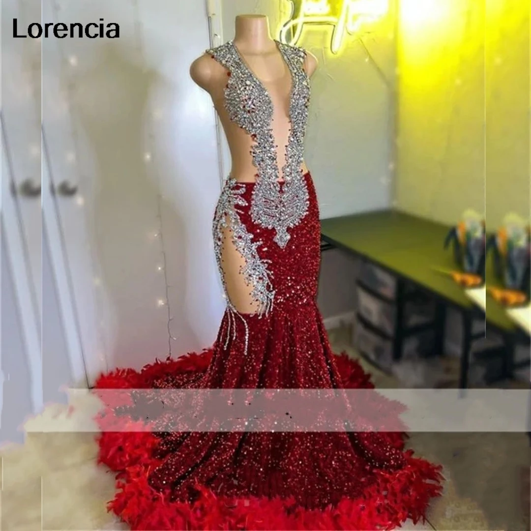 

Lorencia Sparkly Burgundy Sequin Mermaid Prom Dress For Black Girls Beading Crystal Feather Party Gown Robe De Soiree YPD90