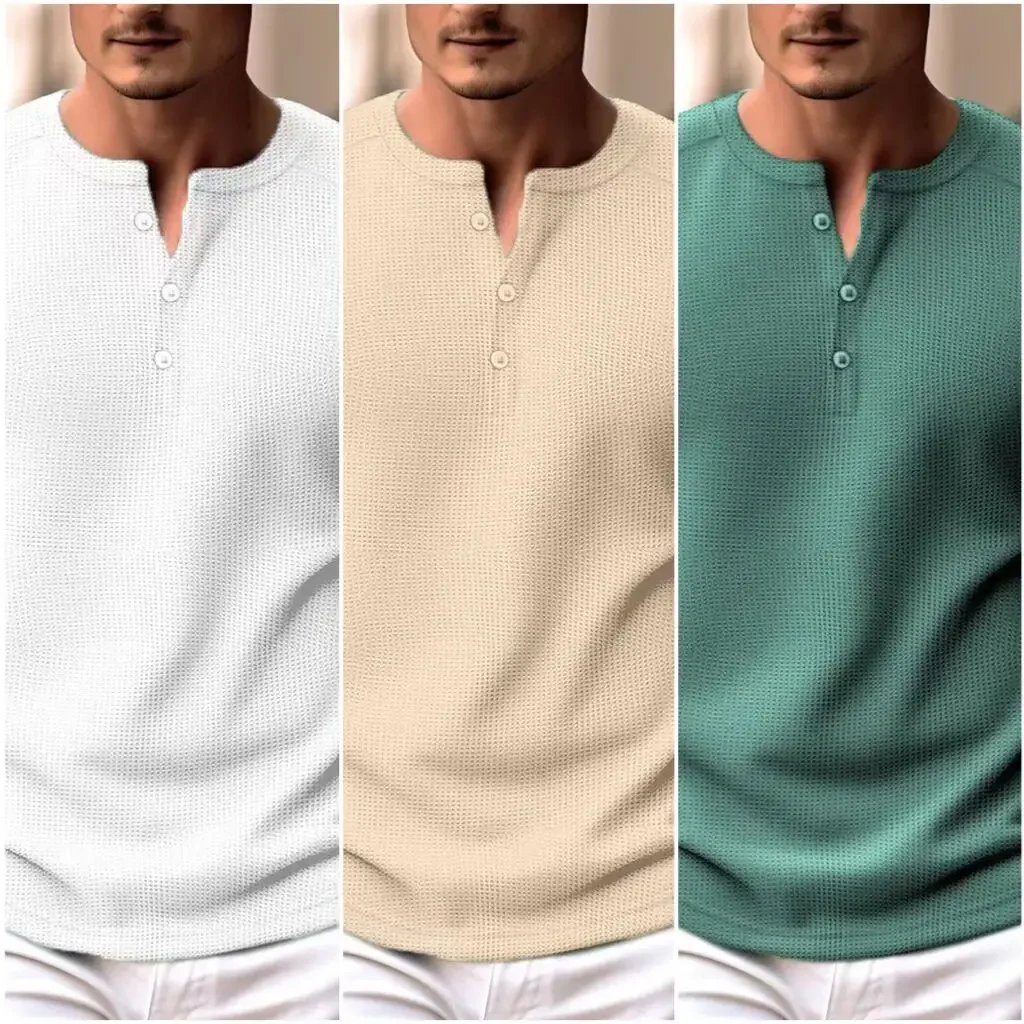 

Spring New Solid Color Slim Fit Long Sleeve T-shirt Men's Henley Neck Breathable Sports Coat Waffle Cotton Casual Long Sleeve