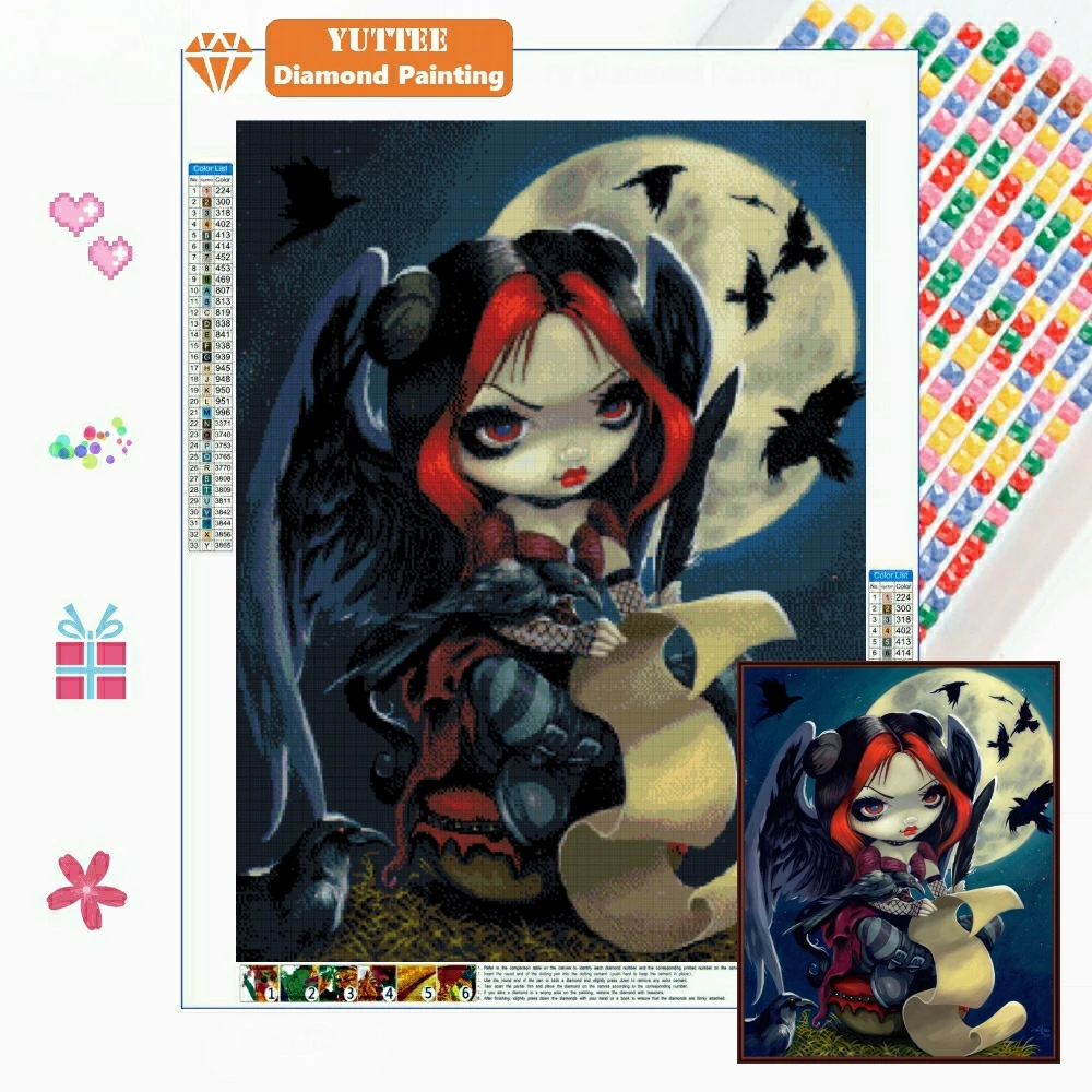 

5D DIY Diamond Painting Big Eye Girl Crow Fairy Gothic Artist Dark Mosaic Embroidery Crystal Cross Stitch Rhinestone Home Decor