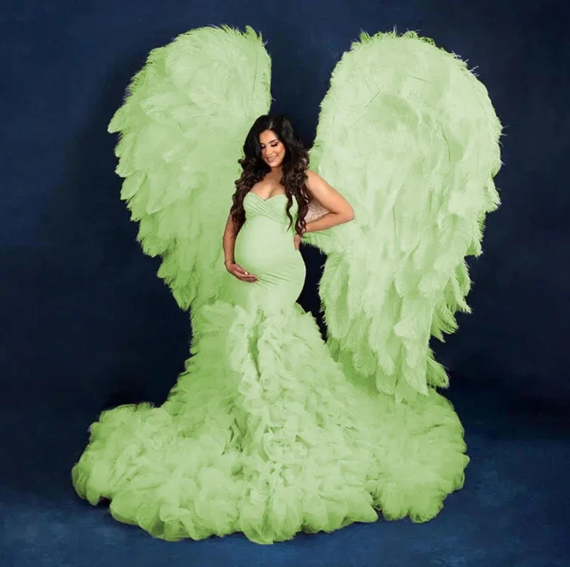 Fluffy Mermaid Tulle Maternity Dress Custom Made Strapless Ruffles Side Slit Bridal Long Pregnancy Gowns Photo Shoot