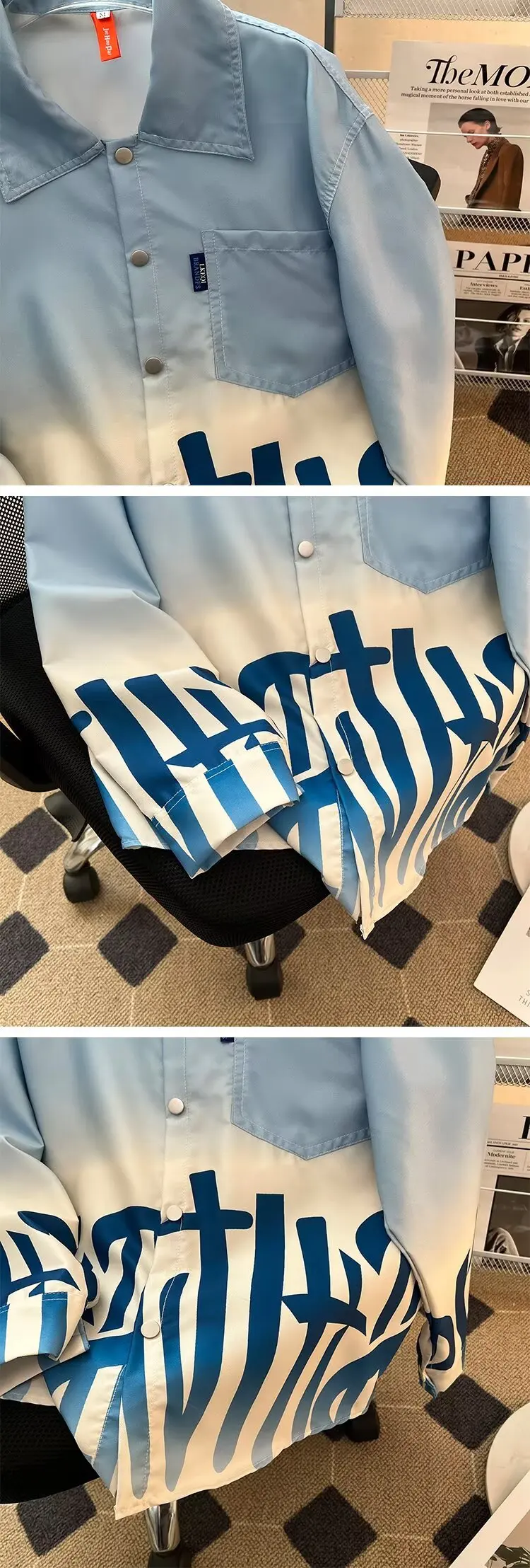 Blue Gradient Pleated Long Sleeve Shirt Close-up