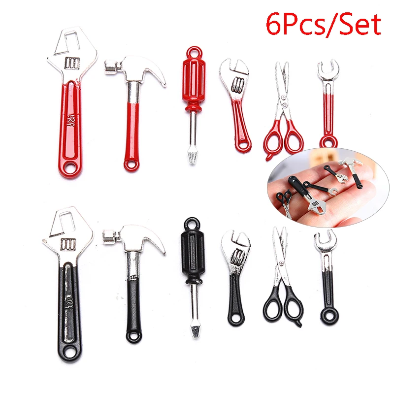Kids Repair Toys Kids Pretend Play Set Home Repair Toys Model Assembly Tools 6Pcs/Set Red/Black Mini Repair Tools Simulation Toolbox Model Toys for Doll House Decoration 1/12 Dollhouse Miniature Accessorie