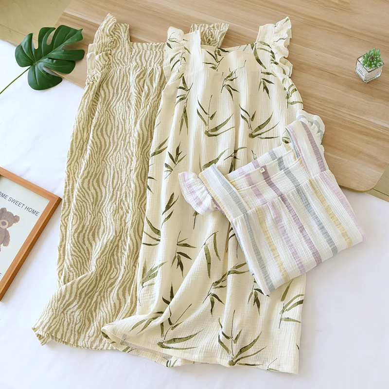 2024 Summer New Women's Sleeping Skirt 100% Cotton Crepe Sling Skirt Soft and Comfortable Sleeveless Tank Top Home Dress Ladies