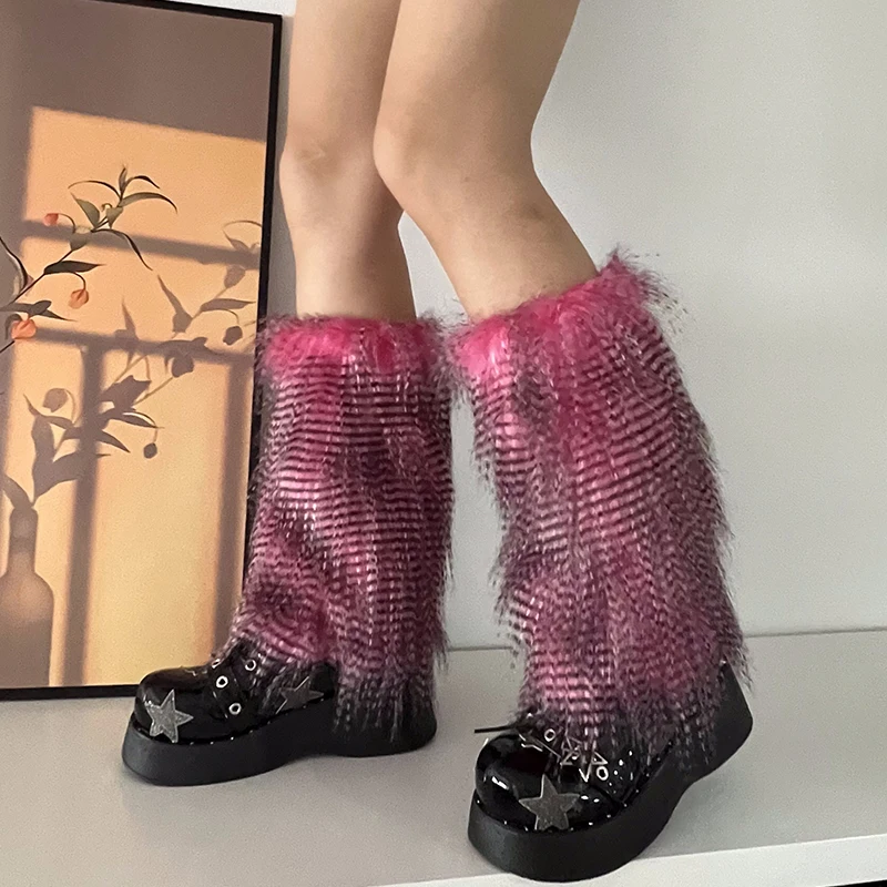 Y2K Goth Furry Faux Fur Women Leg Warmers Boot Covers Harajuku Lolita Girls Punk Fashion Cute Jk Hipster Warm Fluffies Leggings