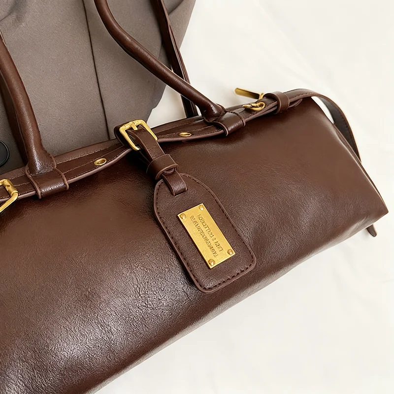 Ladies Vintage Bag Fashion Retro Large Capacity Tote Bag Motorcycle Bag Pu Shoulder Bag Handbag Brown