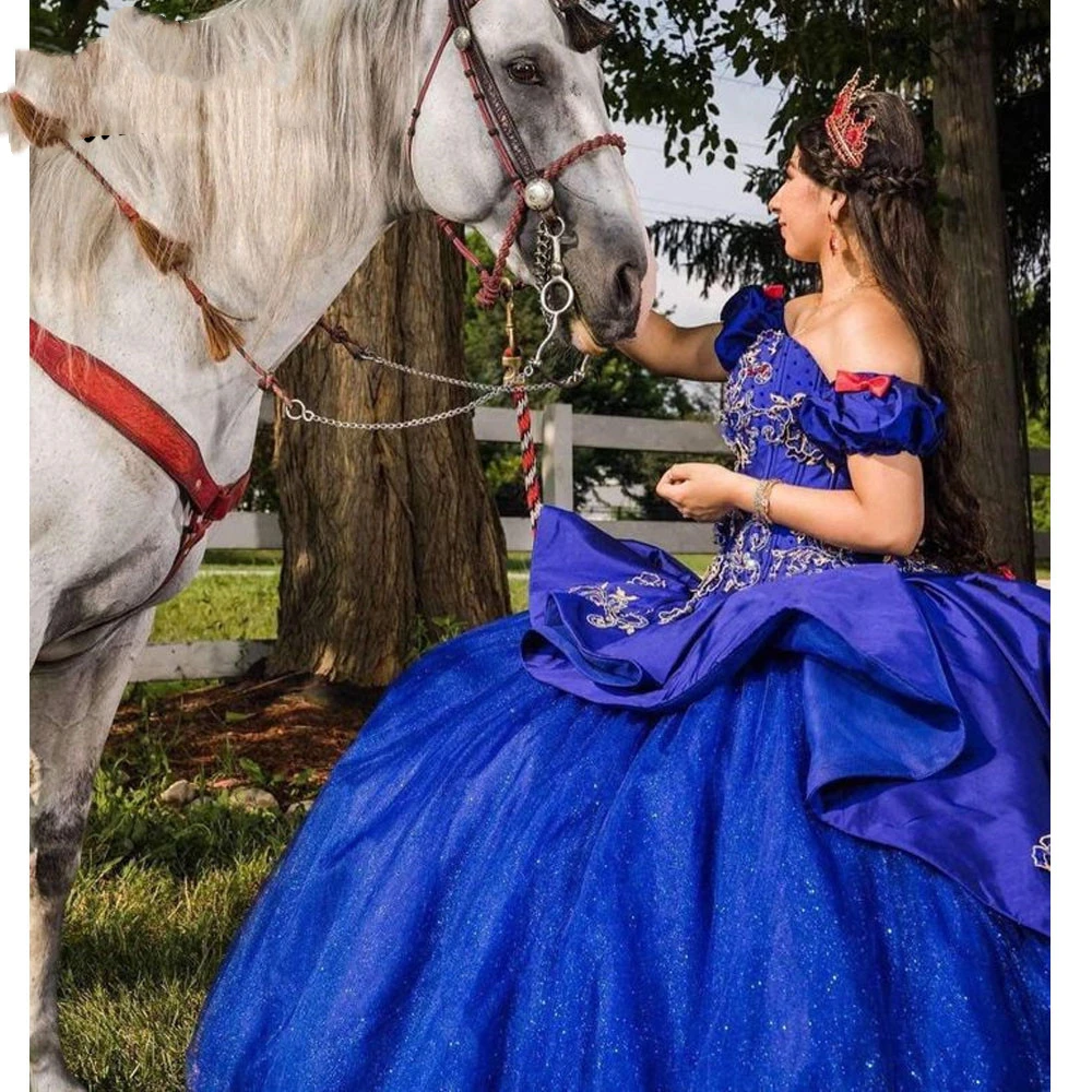 ANGELSBRIDEP Seuqins Sparkle Appliques Royal Blue Quinceanera Dresses Ball Gown Off Shoulder Mexican Sweet 16 Dresses 15 Anos