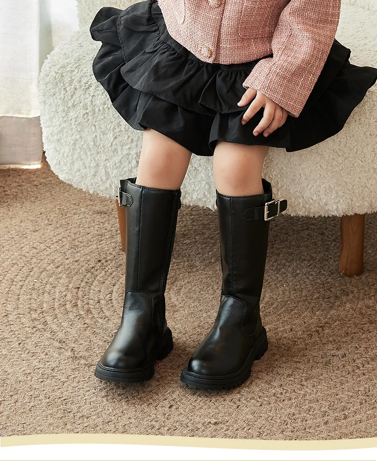 Kids'Boots 솔리드 컬러 버클 PU 가죽 패션 가을 무릎 높이 부츠 소녀용 미끄럼 방지 통기성 블랙 신발 사이즈 27-37