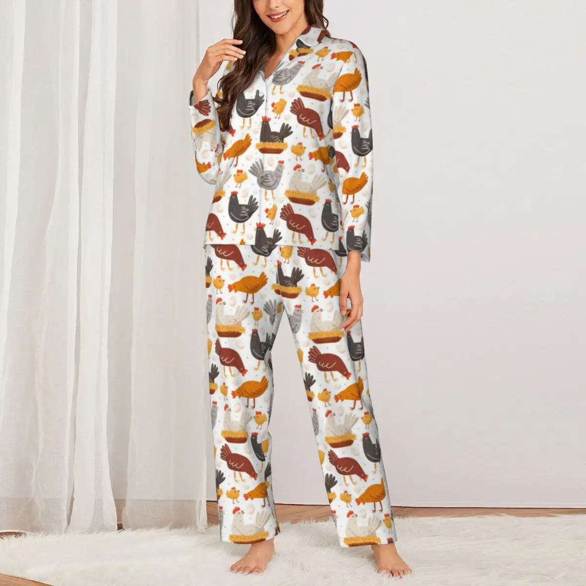 Ollabaky Women's Chicken Print Pajama Set - Short Sleeve PJs, Lounge Wear, 95% Polyester 5% Spandex (S-XXL)