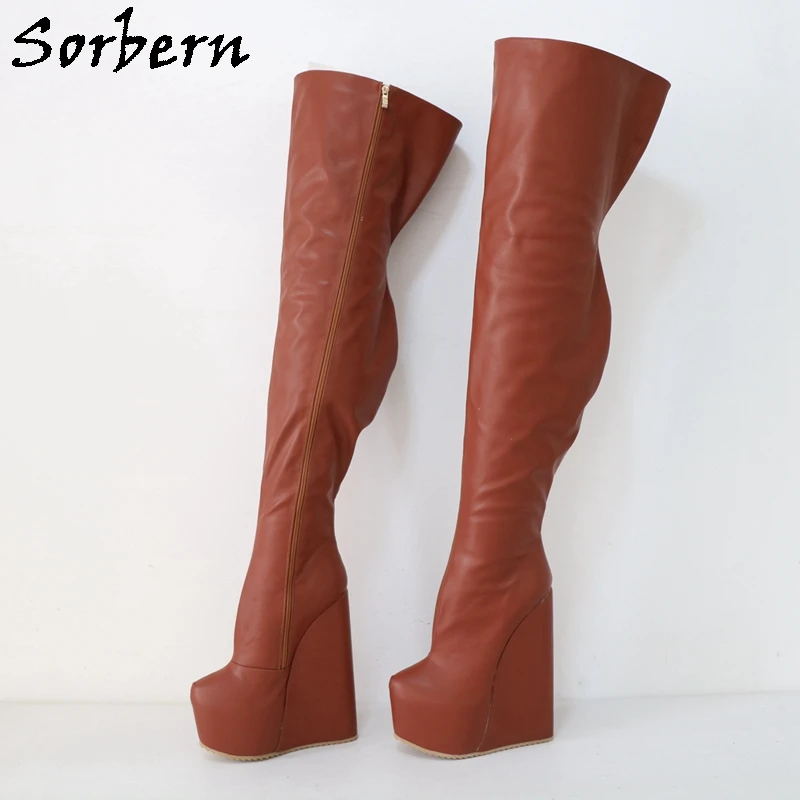 Sorbern 22Cm Brown Long Boots Women Wedge Heels Hidden Platform