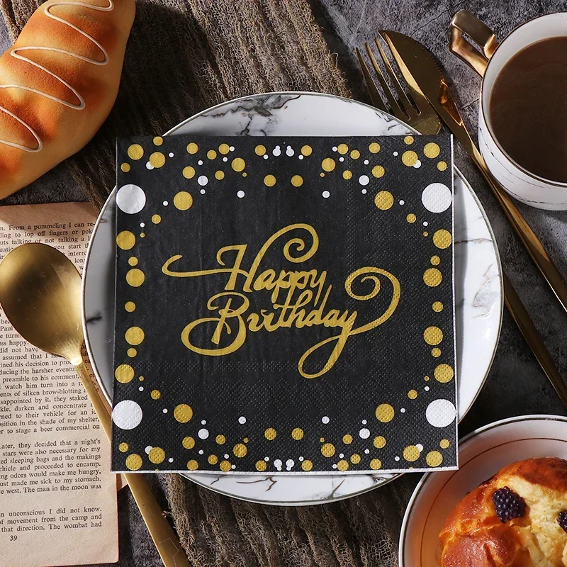 20pcs/Pac 33cm New Black and Gold Birthday Printing Paper Napkins Party Colorful Letter Happy Birthday Pure Wood Pulp Paper paper napkins