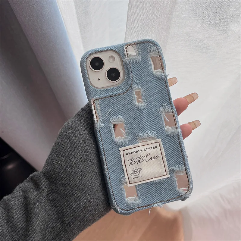 Retro Cute Jeans Canvas Hollow Out Mirror Phone Case Per Iphone 11 12 13 14 Pro Max Holes Cowboy Cover Protettiva Resistente Alle Cadute