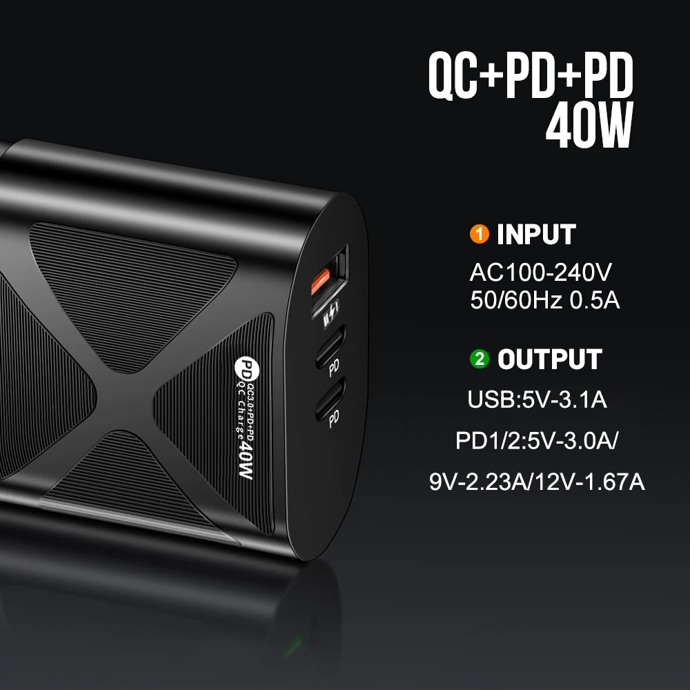40W 3 Ports Dual PD USB Type C Super Fast Charging QC3.0 EU/US Plug Mobile Phone Adapter iPhone 15 Pro Xiaomi Samsung Huawei