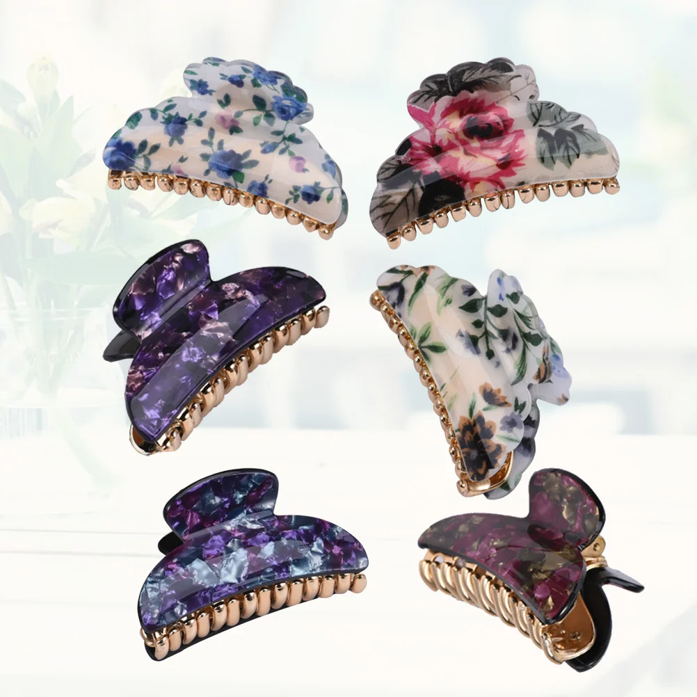 Acrylic Floral Pattern Multicolored Hair Claw Jaw Clips Clamps for Girl Banana Hair Clip Lady 6pcs/set Random Style