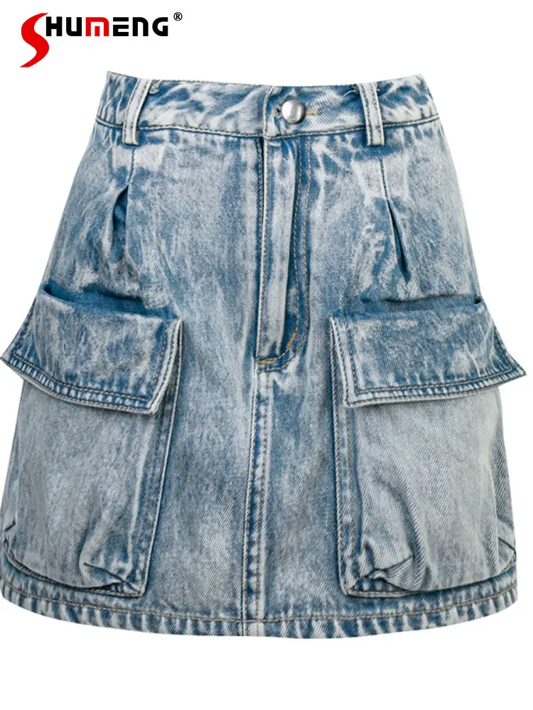 Retro Light Blue A- Line Pockets Short Jean Skirts for Women 2023 Summer New Streetwear Hot Girl Tooling Wide Leg Denim Skirt