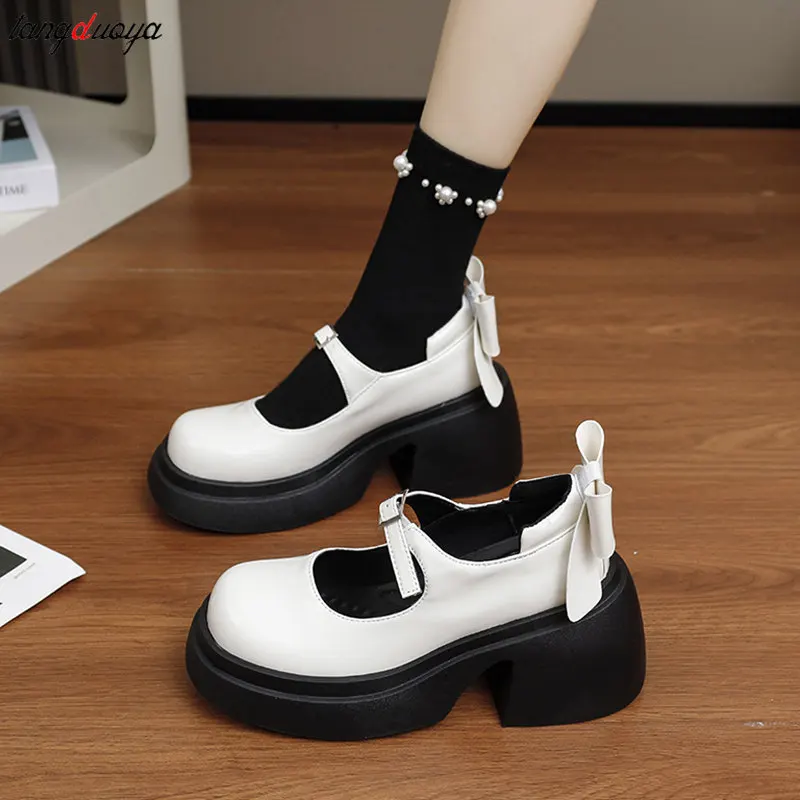 Sweet Bow Platform Lolita Shoes Women white black Med Heels Mary