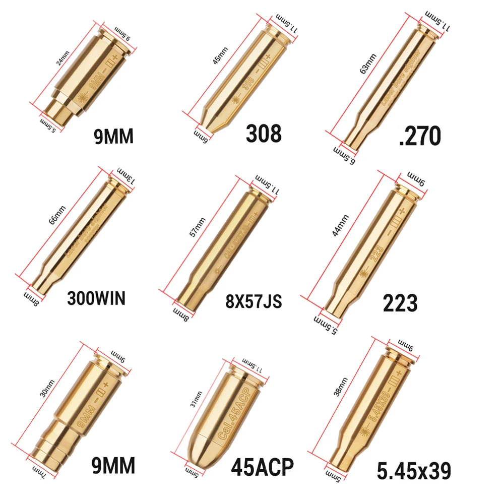 Tactical Red Laser Bore Sighter Training Bullet Brass Boresighter Caliber 12GA .223 .303 300WIN 6.5x55 7mm 8mm 9.3x62 Snap Caps