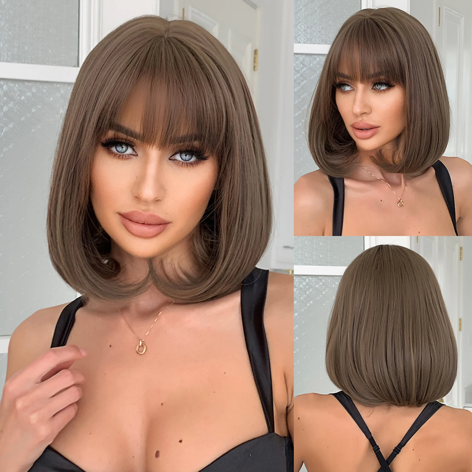

Ash Brown Short Bob Synthetic Wigs with Bangs Medium Length Straight Wig Natural Looking Hair for Women Daily Use Party Cosplay