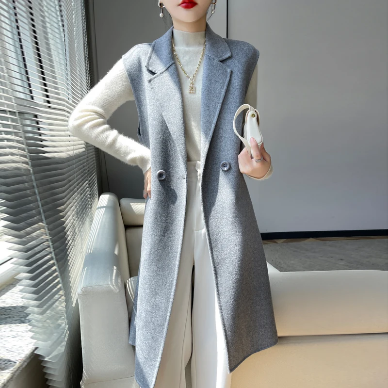 

2023 New Autumn and Winter Tweed Vest Women's 100% Pure Wool Handmade Double-faced Tweed Mid-length Shoulder Fashion Korean Coat