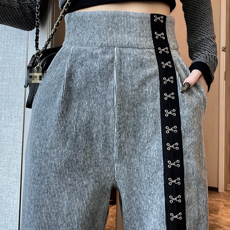 Thick Loose Straight Broad-legged Pants Women's Autumn and Winter 2022 Gray Striped Sweatpants Casual Sporty Trousers Harajuku