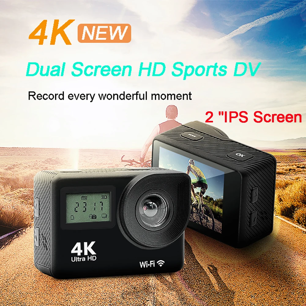 4K 울트라 HD 액션 카메라, 더블 2.0 인치 IPS LCD 와이파이 16MP 30M 이동 방수 프로 스포츠 DV 헬멧 비디오 카메라 포함, 신제품