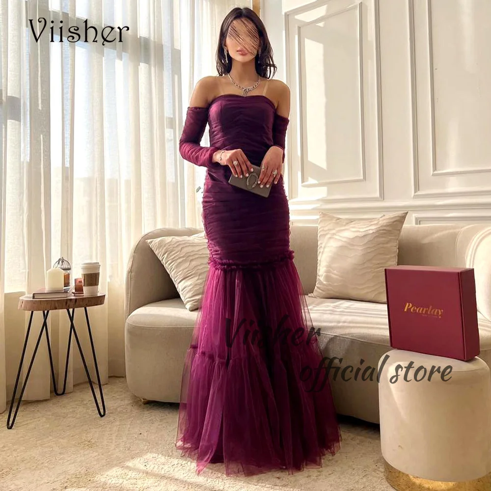 

Viisher Purple Tulle Mermaid Evening Dresses 3/4 Sleeve Sweetheart Formal Prom Dress Dubai Arabia Evening Party Gowns