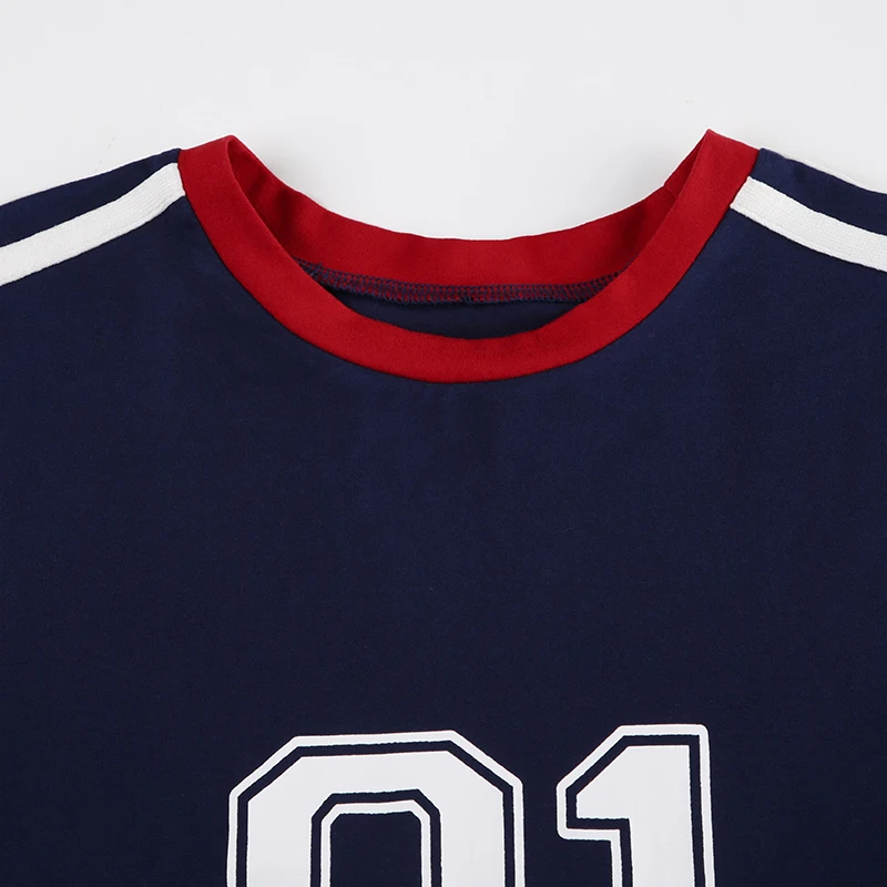 Digital Print Y2K Short Sleeve T Shirt Women Contrast Binding O Neck Slim Crop Tee Casual Preppy Tops Sporty Football Jersey