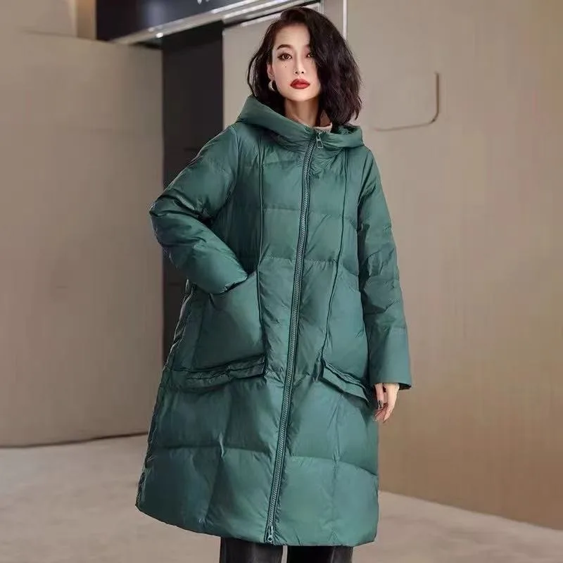 2023 New Women Down Jacket Winter Coat Female Mid Length Version Parkas Loose Large Size Thick Outwear Hooded Slim Fit Overcoat